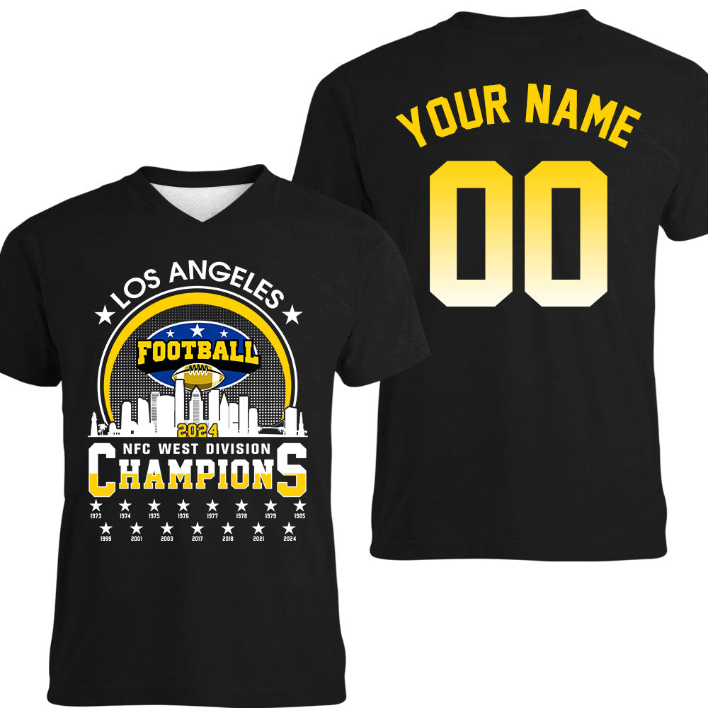 Los Angeles Football 2024 NFC West Division Champions Skyline Double Sided V-neck Shirt, 2024 NFC West Champs 2 Sided Custom V-neck Shirts