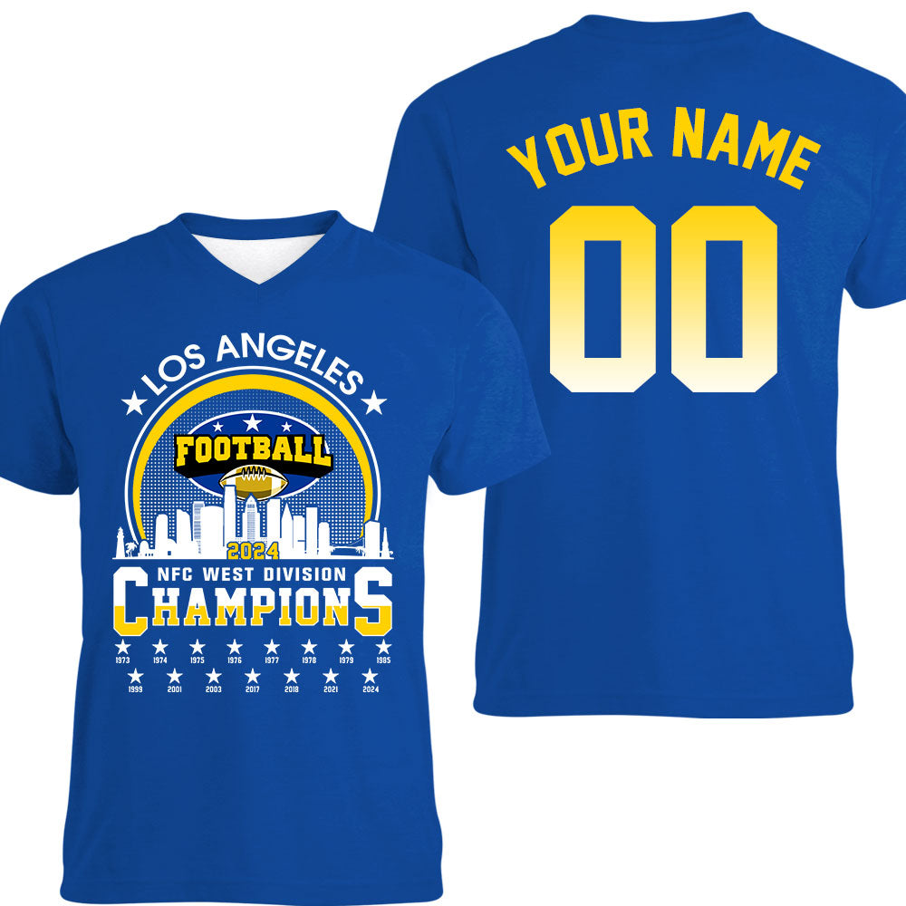 Los Angeles Football 2024 NFC West Division Champions Skyline Double Sided V-neck Shirt, 2024 NFC West Champs 2 Sided Custom V-neck Shirts