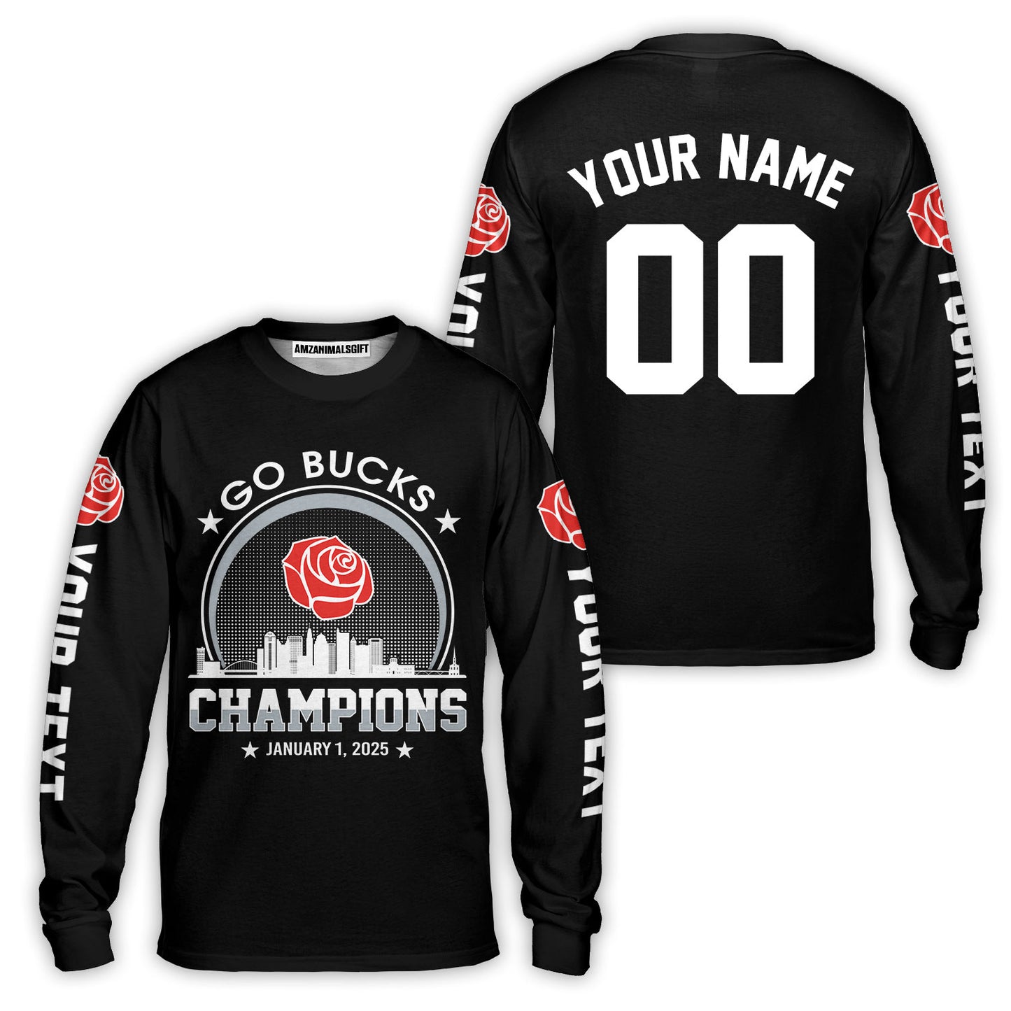 Go Bucks Football 2025 Rose Champions Skyline Custom Double Sided Long Sleeve Shirt, 2025 Rose Champs 2 Sided Custom Long Sleeve Shirt