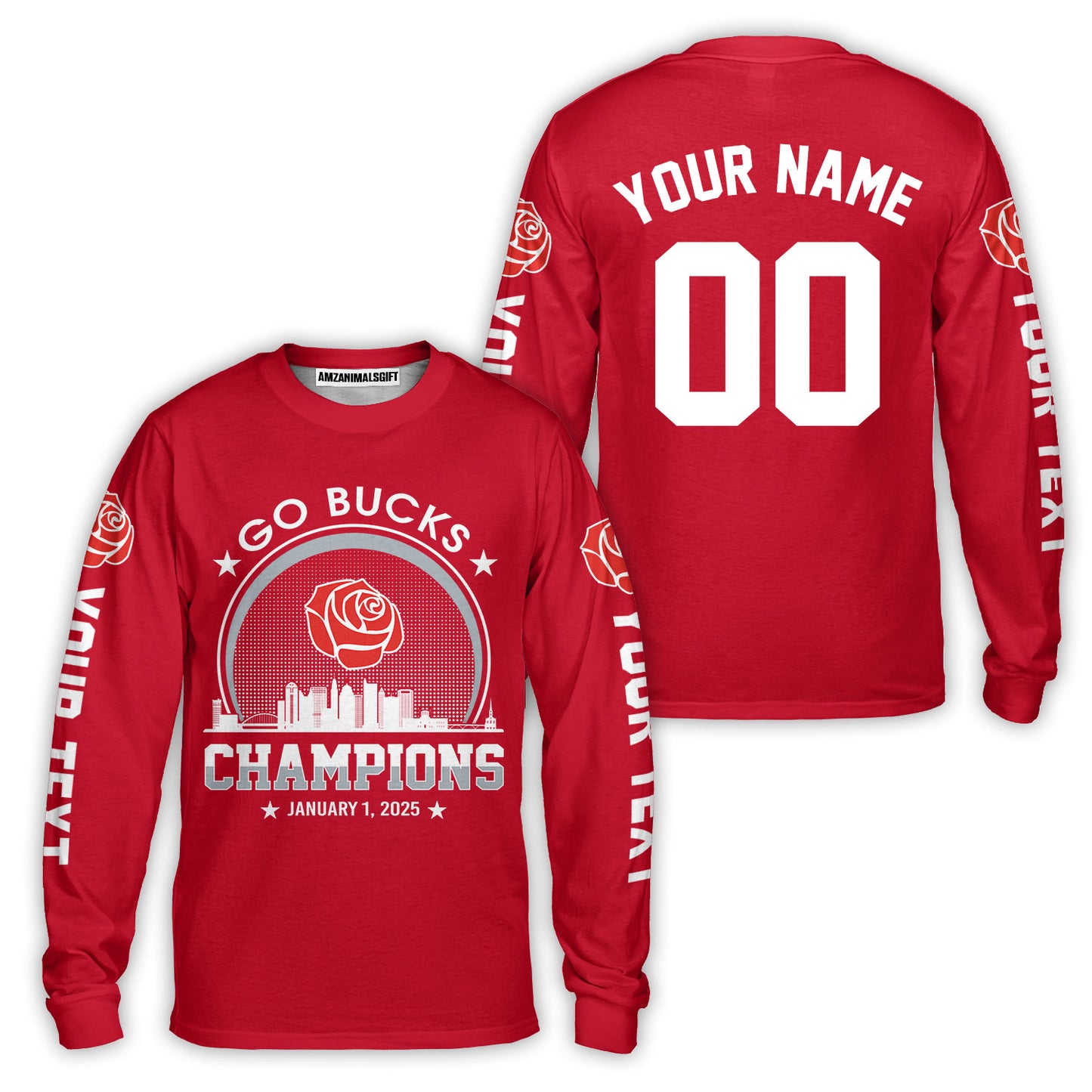 Go Bucks Football 2025 Rose Champions Skyline Custom Double Sided Long Sleeve Shirt, 2025 Rose Champs 2 Sided Custom Long Sleeve Shirt