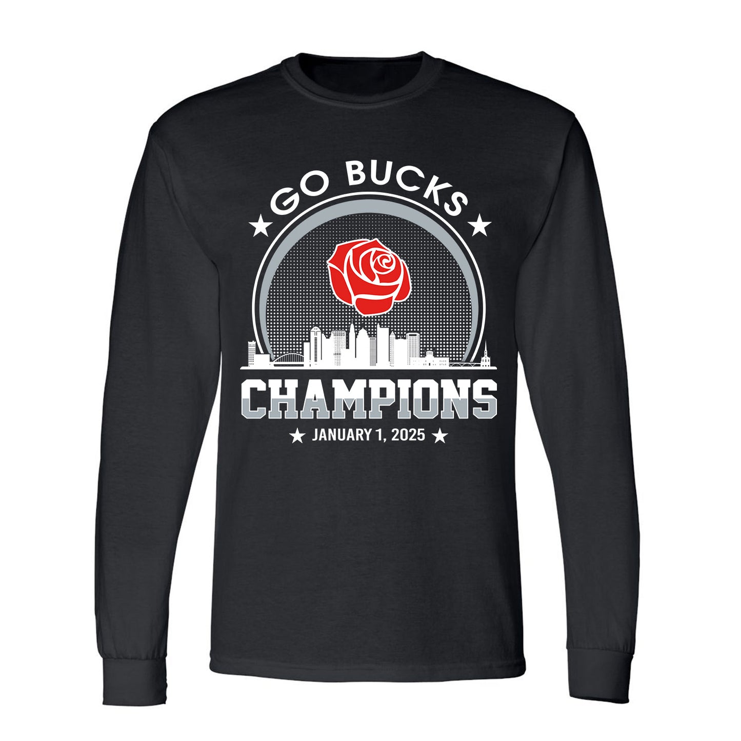 Go Bucks Football 2025 Rose Champions Skyline Long Sleeve Shirt, 2025 Rose Champs Long Sleeve Shirt For Go Bucks Football Fans