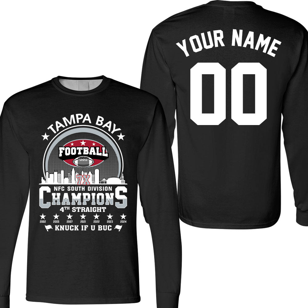 Tampa Bay Football 2024 NFC South Division Champions Skyline Double Sided Long Sleeve Shirt, 2024 NFC South Champs 2 Sided Custom Long Sleeve Shirts