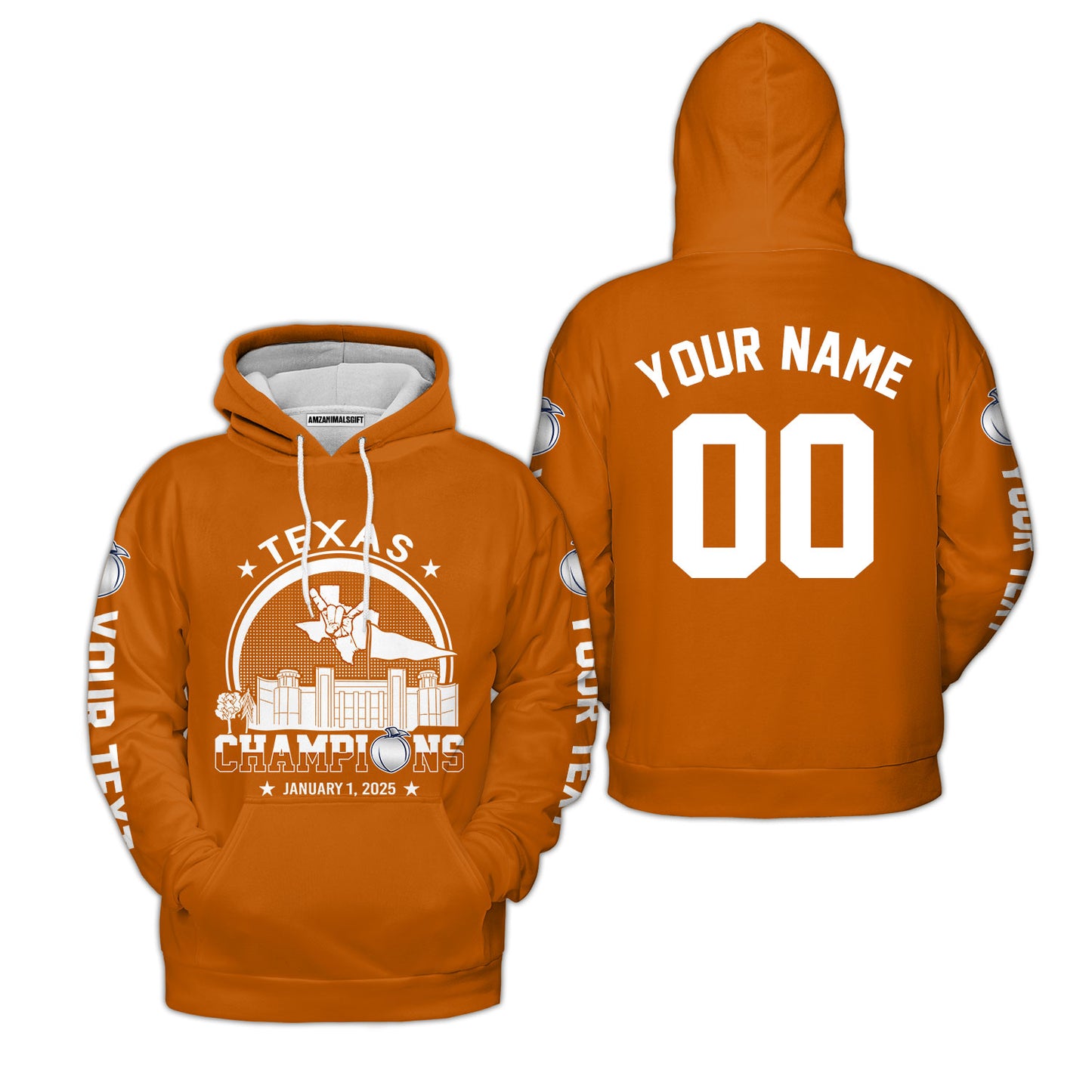 Texas Football 2025 Peach Champions Skyline Custom Double Sided Hoodie Sweatshirt, 2025 Peach Champs 2 Sided Custom Hoodie Sweatshirt