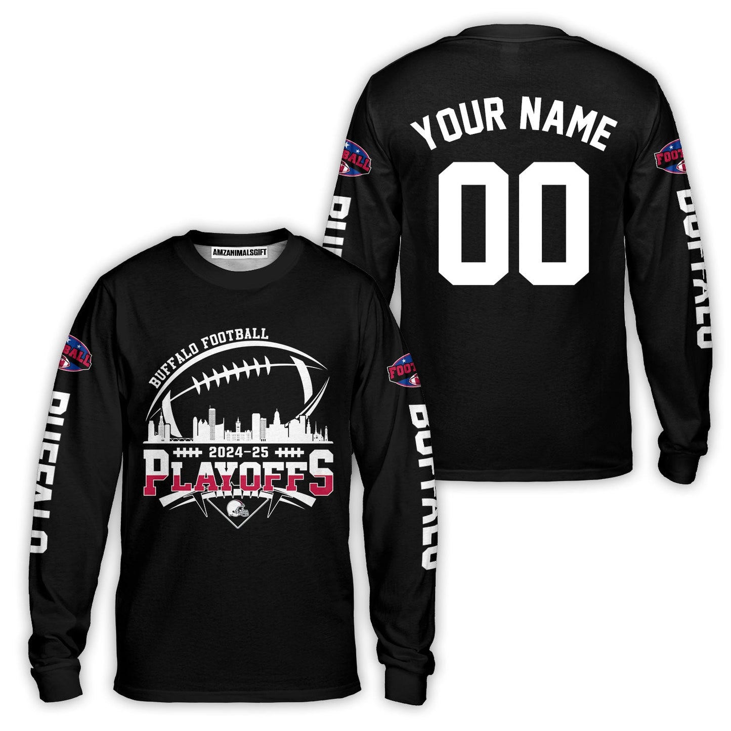 Buffalo American Football 2024-25 Playoffs Skyline Custom Long Sleeve Shirt, Playoffs Buffalo Football Game Day Custom 2 Sided Long Sleeve Shirt