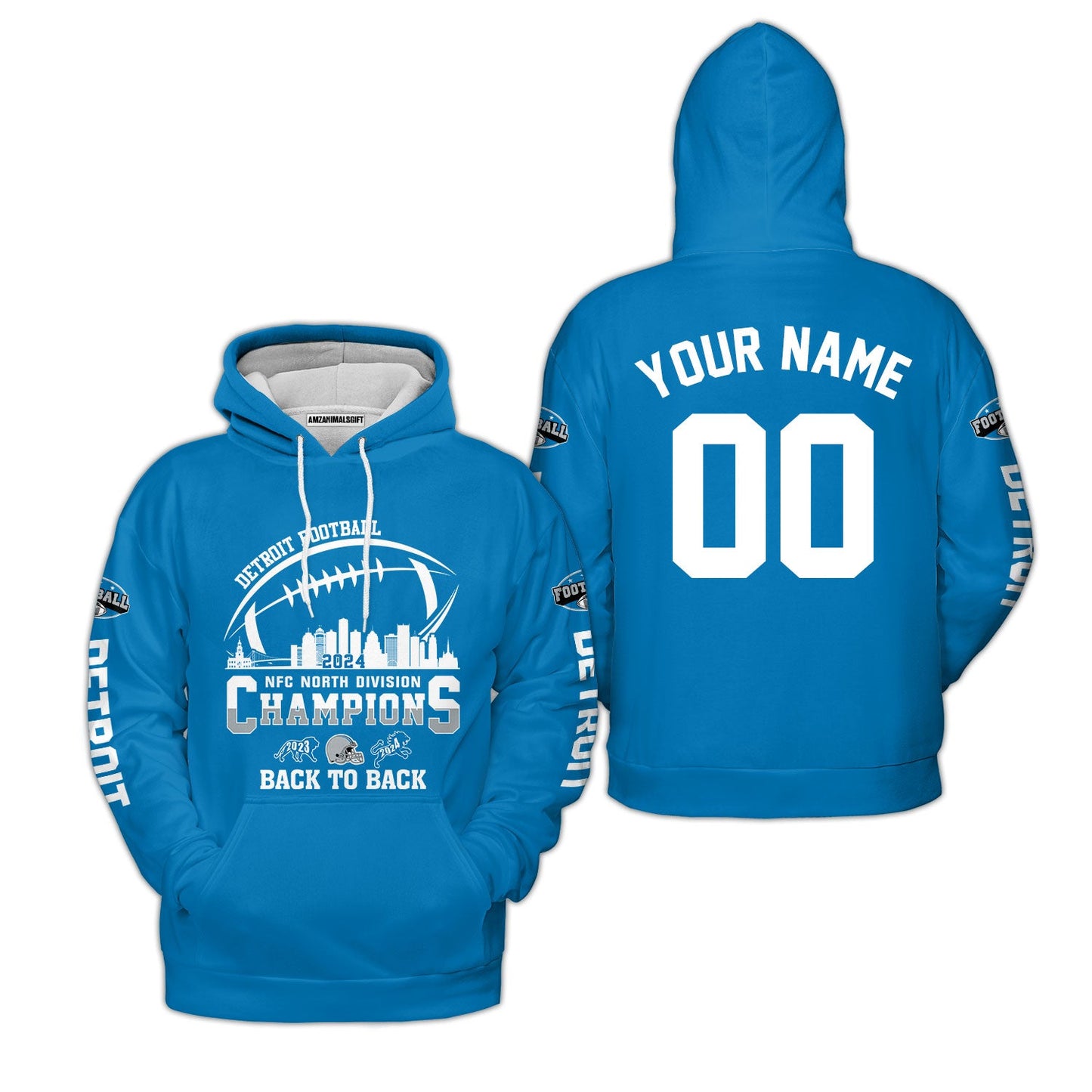 Customized Detroit Football 2024 NFC North Division Champions Back To Back Shirts, 2024 NFC North Champs Champions Custom Double Sided Shirts
