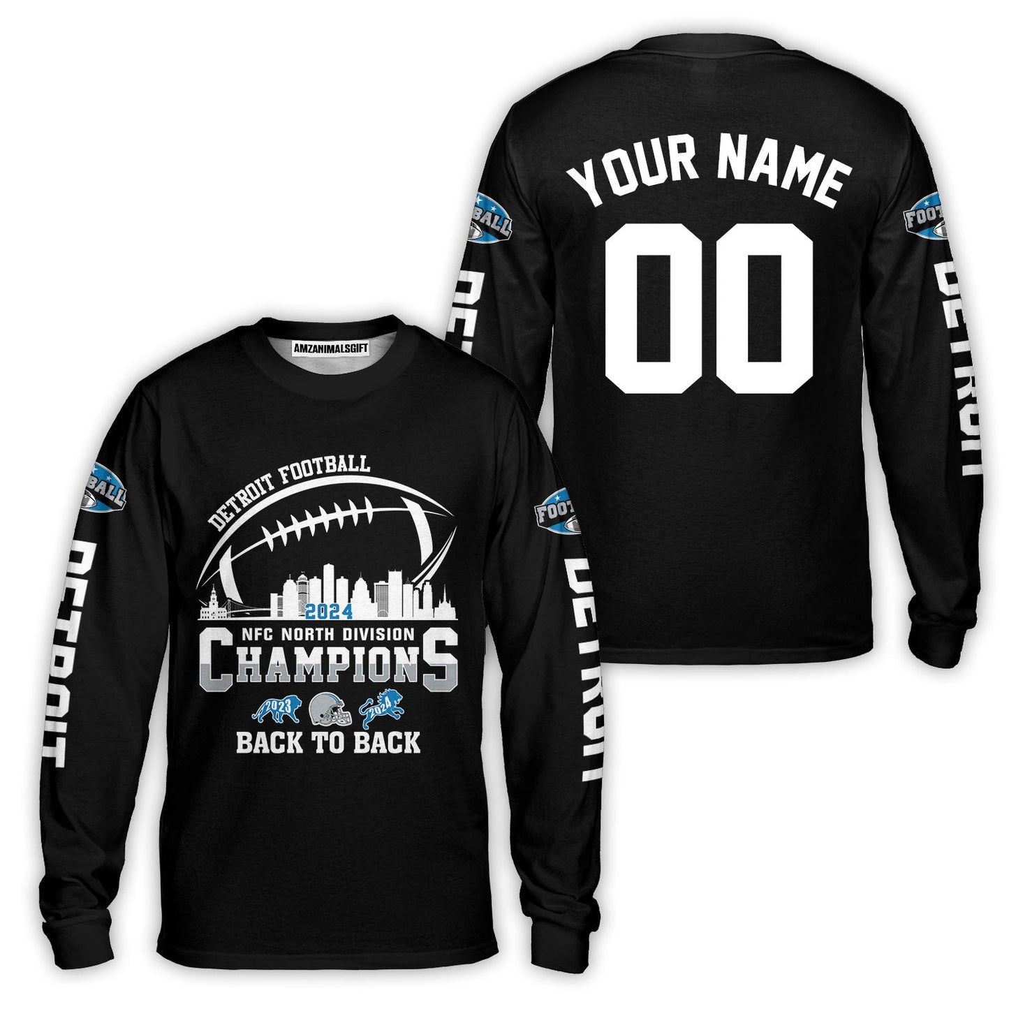 Customized Detroit Football 2024 NFC North Division Champions Back To Back Shirts, 2024 NFC North Champs Champions Custom Double Sided Shirts