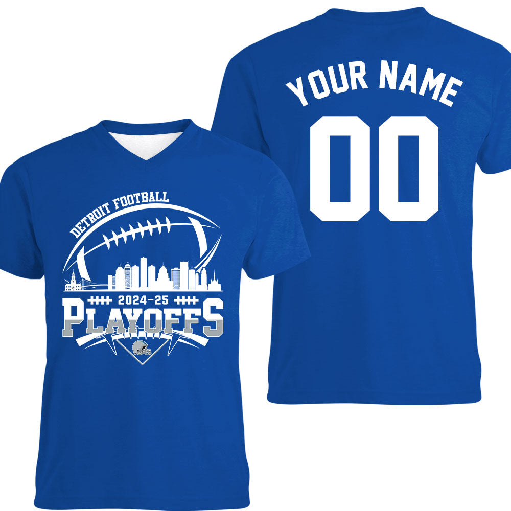 Detroit American Football 2024-25 Playoffs Skyline Double Sided V-neck Shirts, Playoffs Detroit Game Day Custom 2 Sided V-neck Shirts