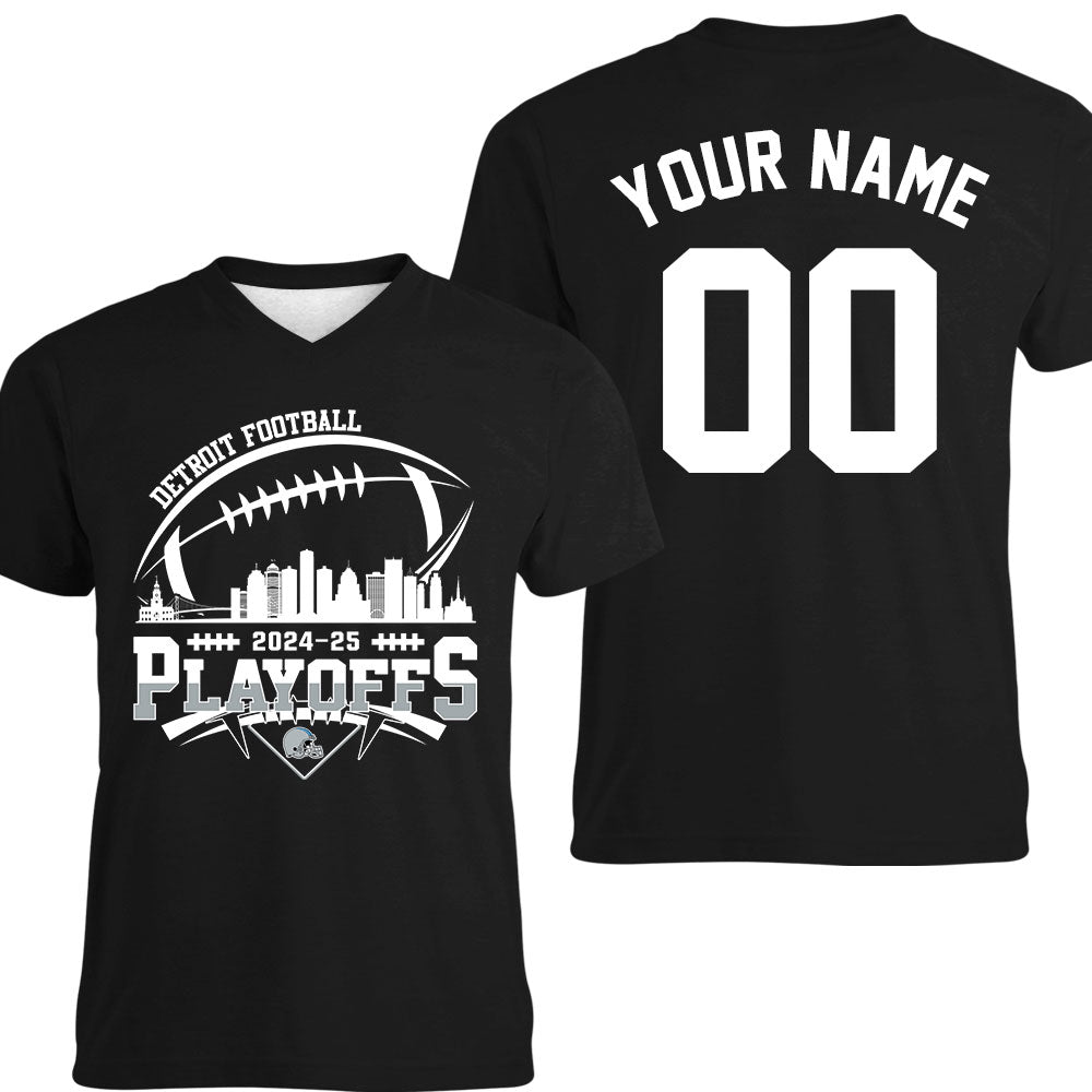 Detroit American Football 2024-25 Playoffs Skyline Double Sided V-neck Shirts, Playoffs Detroit Game Day Custom 2 Sided V-neck Shirts