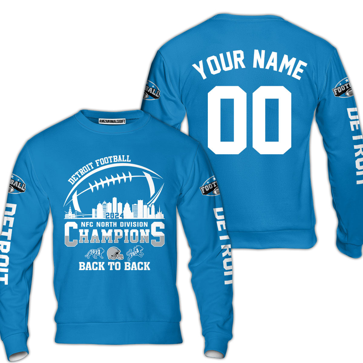Customized Detroit Football 2024 NFC North Division Champions Back To Back Shirts, 2024 NFC North Champs Champions Custom Double Sided Shirts