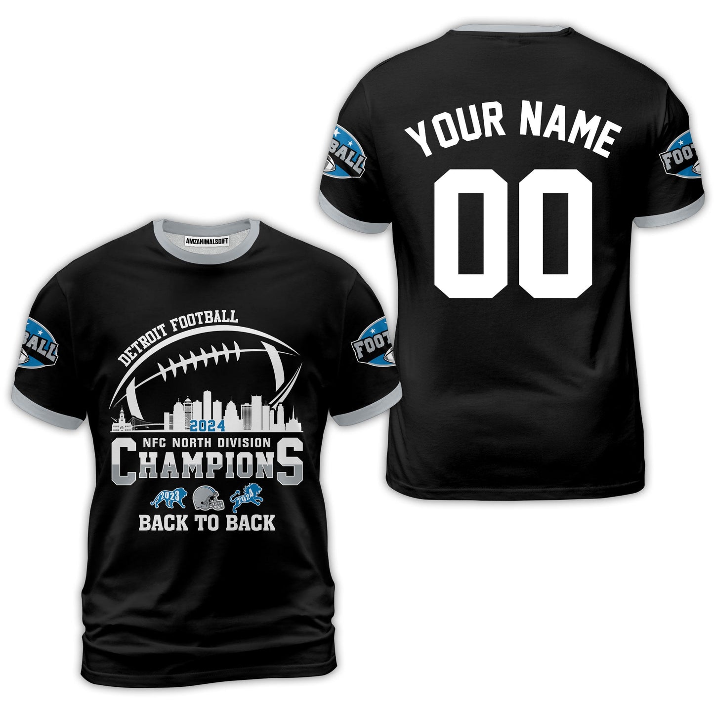 Customized Detroit Football 2024 NFC North Division Champions Back To Back Shirts, 2024 NFC North Champs Champions Custom Double Sided Shirts
