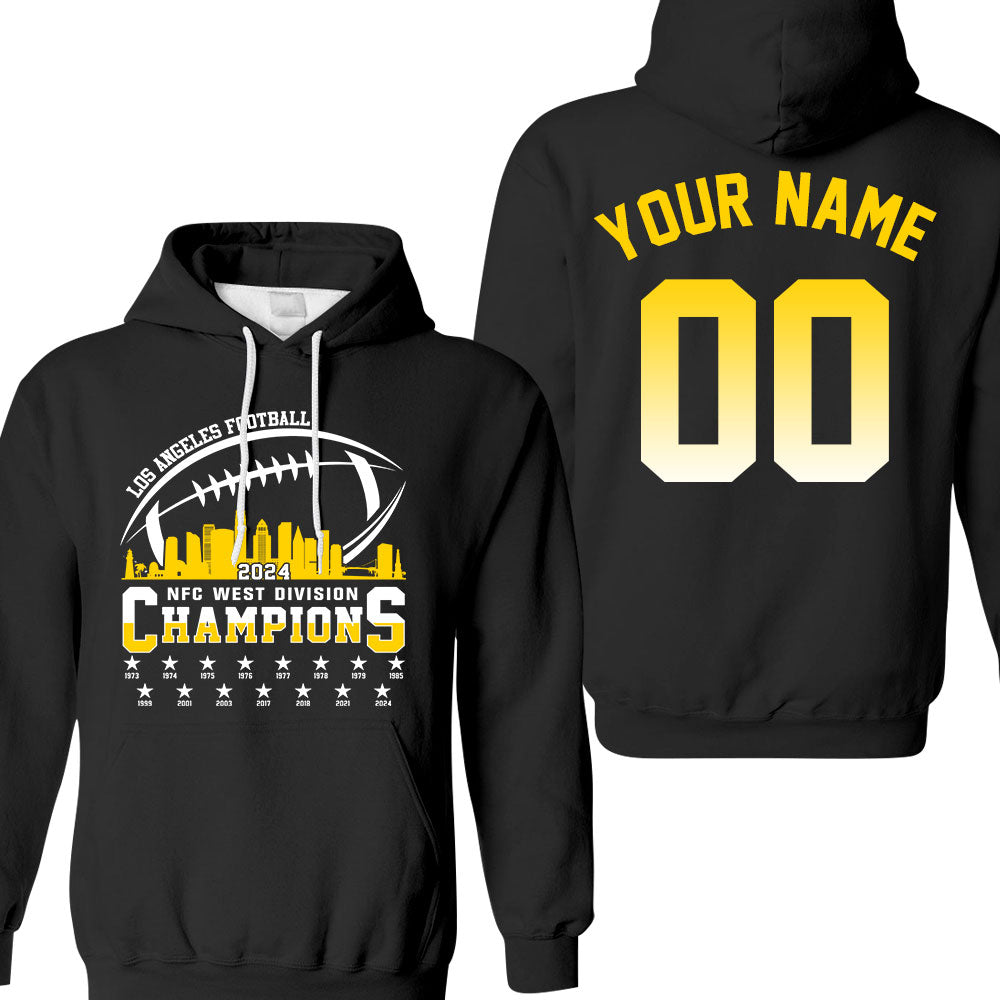 Los Angeles Football 2024 NFC West Division Champions Skyline 2 Sided V-neck Shirts, 2024 NFC West Champs Custom Double Sided V-neck Shirts