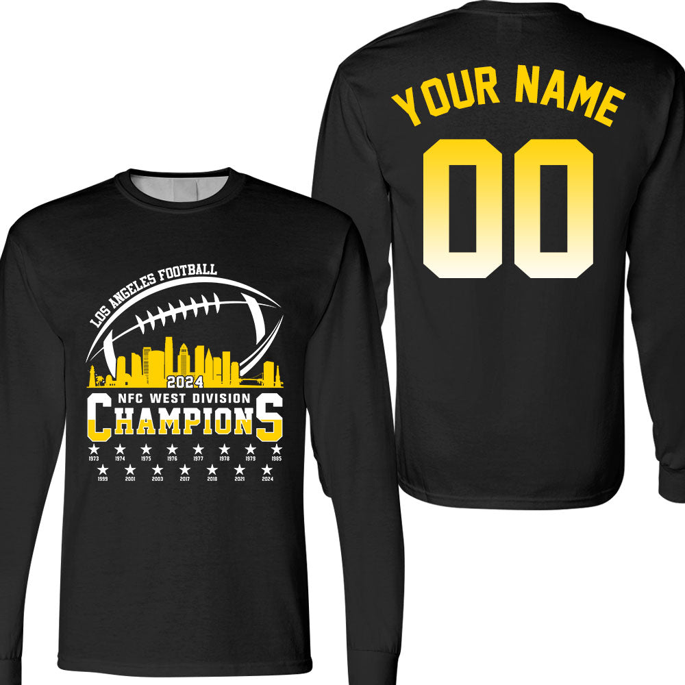 Los Angeles Football 2024 NFC West Division Champions Skyline 2 Sided V-neck Shirts, 2024 NFC West Champs Custom Double Sided V-neck Shirts
