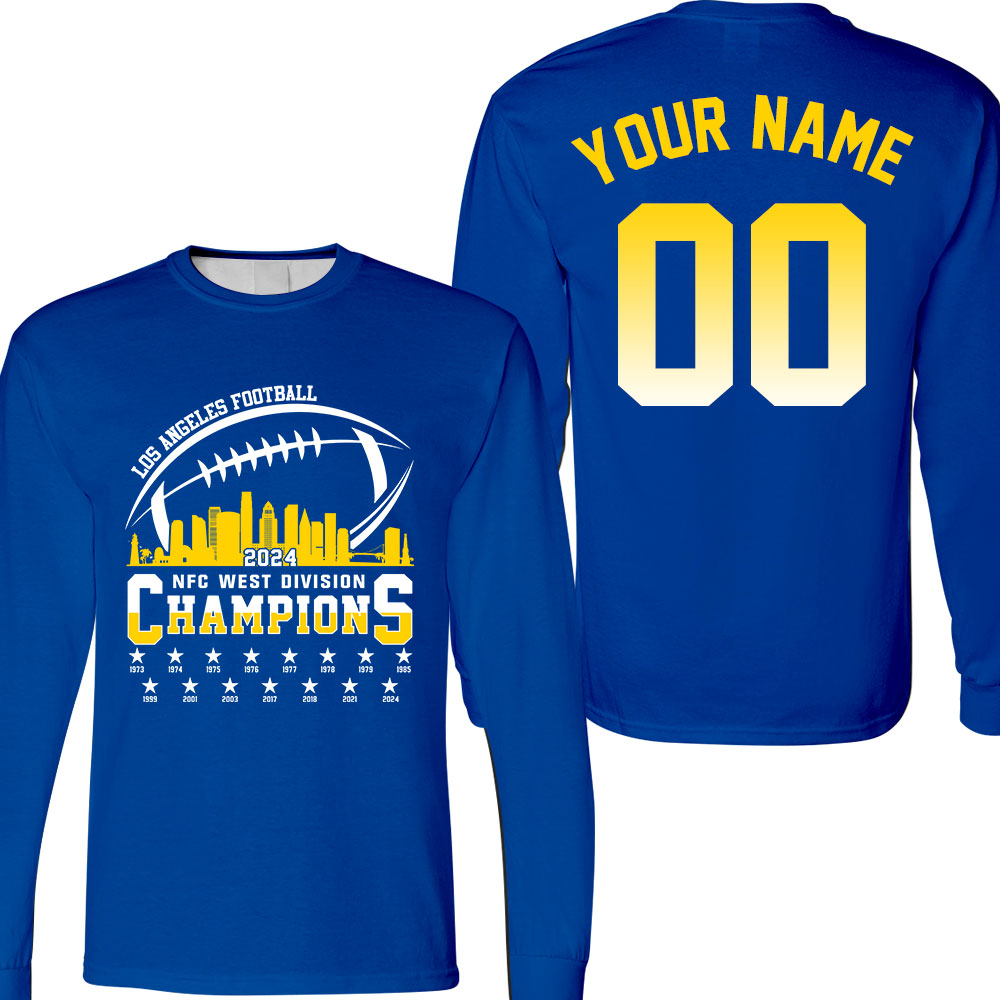 Los Angeles Football 2024 NFC West Division Champions Skyline 2 Sided V-neck Shirts, 2024 NFC West Champs Custom Double Sided V-neck Shirts