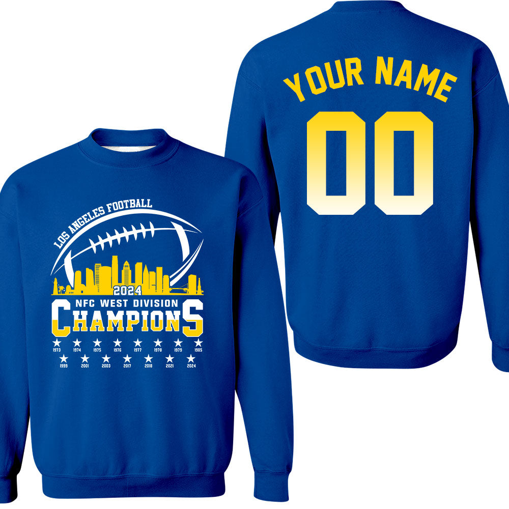 Los Angeles Football 2024 NFC West Division Champions Skyline 2 Sided V-neck Shirts, 2024 NFC West Champs Custom Double Sided V-neck Shirts