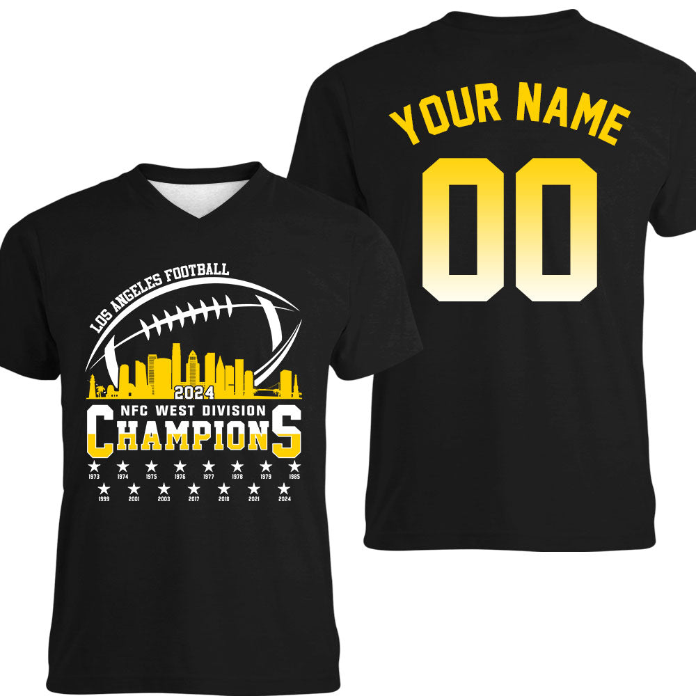 Los Angeles Football 2024 NFC West Division Champions Skyline 2 Sided V-neck Shirts, 2024 NFC West Champs Custom Double Sided V-neck Shirts