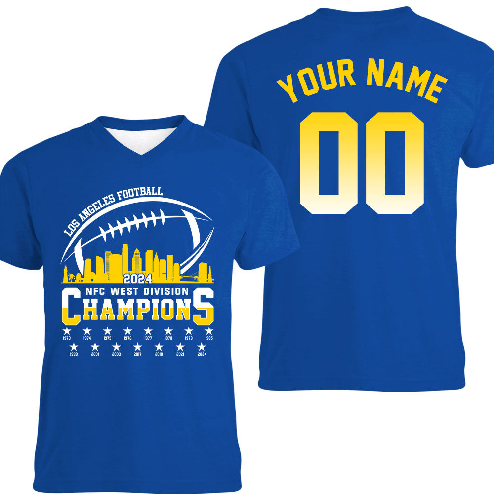 Los Angeles Football 2024 NFC West Division Champions Skyline 2 Sided V-neck Shirts, 2024 NFC West Champs Custom Double Sided V-neck Shirts
