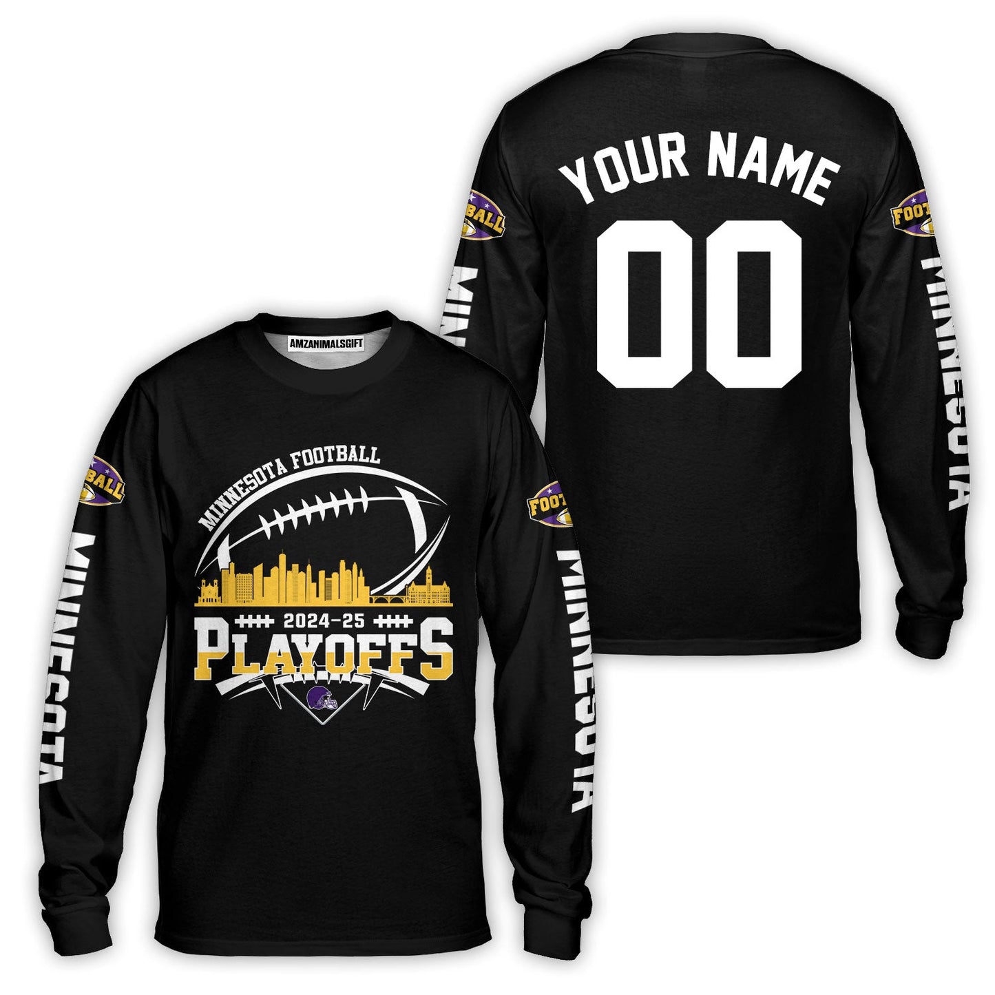 Minnesota American Football 2024-25 Playoffs Skyline Custom Long Sleeve Shirt, Game Day Division Playoffs 2 Sided Long Sleeve Shirts