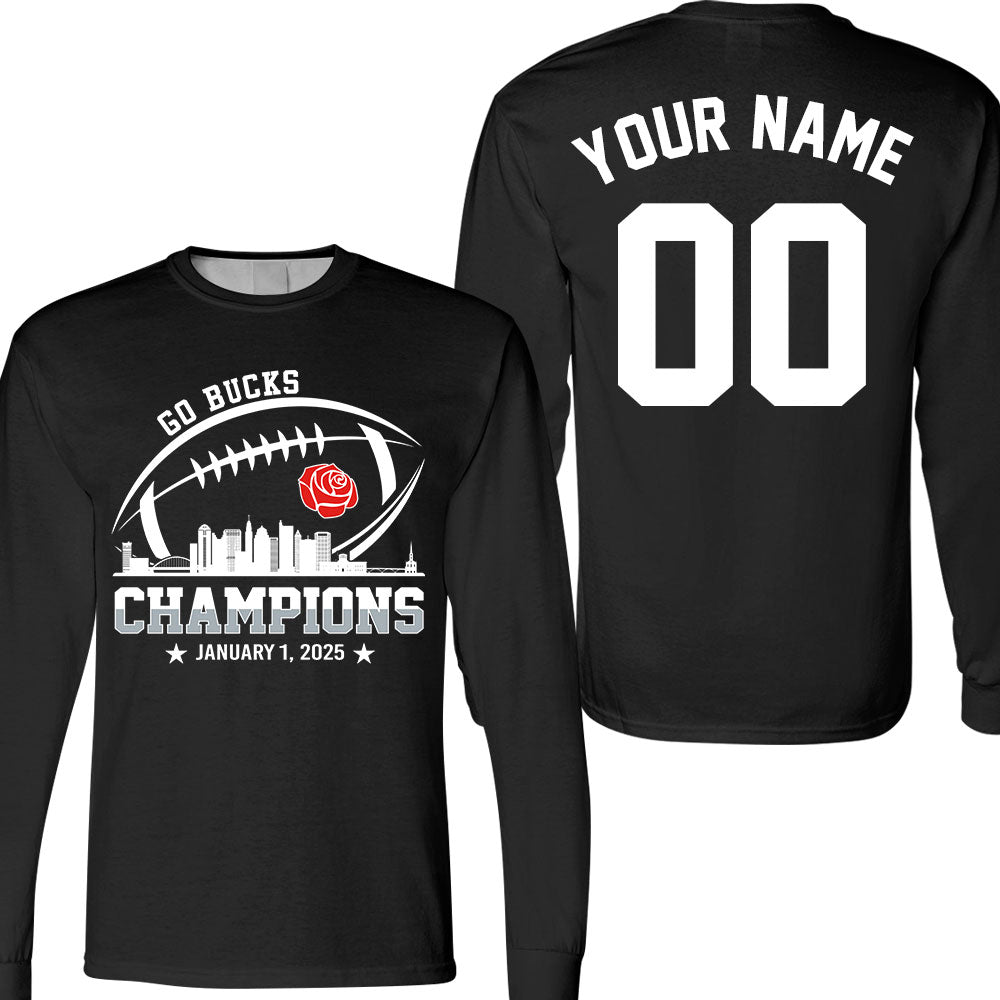 2025 Rose Champions Skyline Double Sided Long Sleeve Shirt, Go Bucks Football 2025 Rose Champions 2 Sided Custom Long Sleeve Shirts