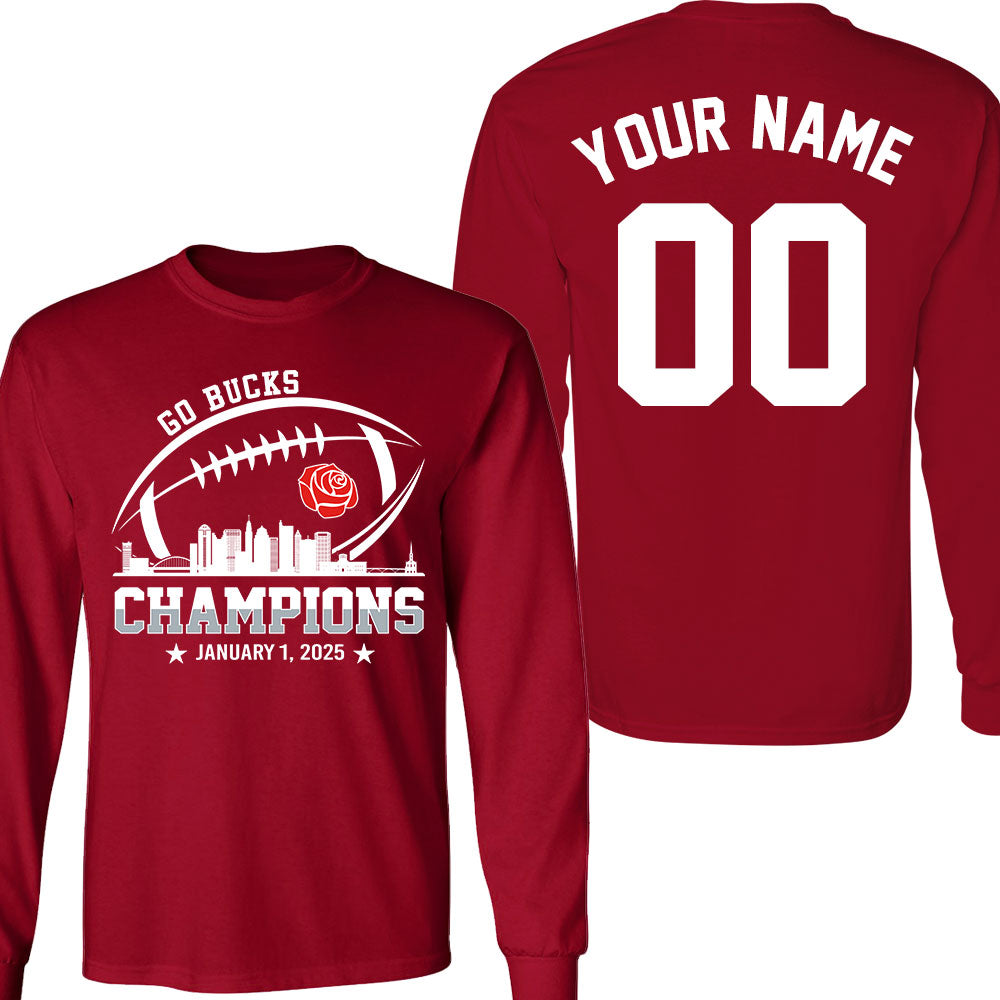 2025 Rose Champions Skyline Double Sided Long Sleeve Shirt, Go Bucks Football 2025 Rose Champions 2 Sided Custom Long Sleeve Shirts