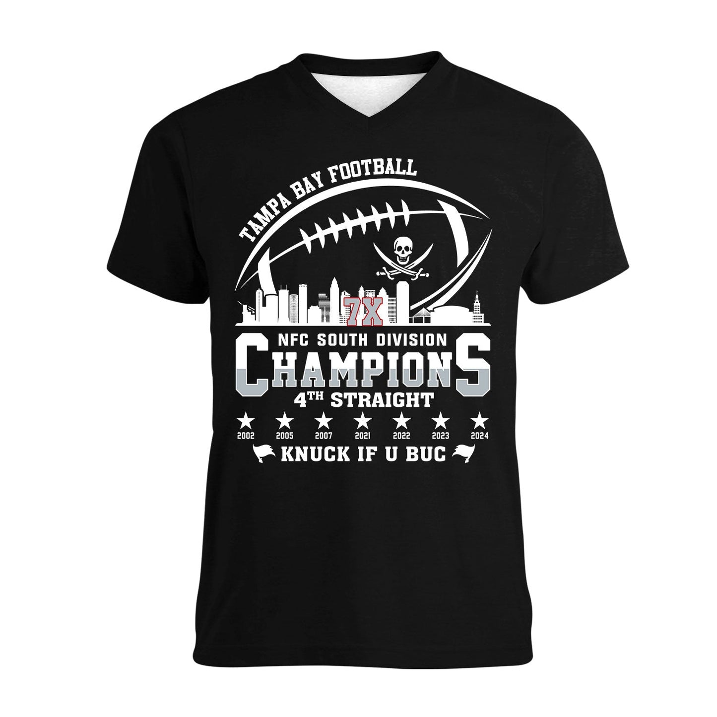Tampa Bay Football 2024 NFC South Division Champions Skyline V-neck Shirt, 2024 NFC South Champs V-neck Shirts For Tampa Bay Football Fans