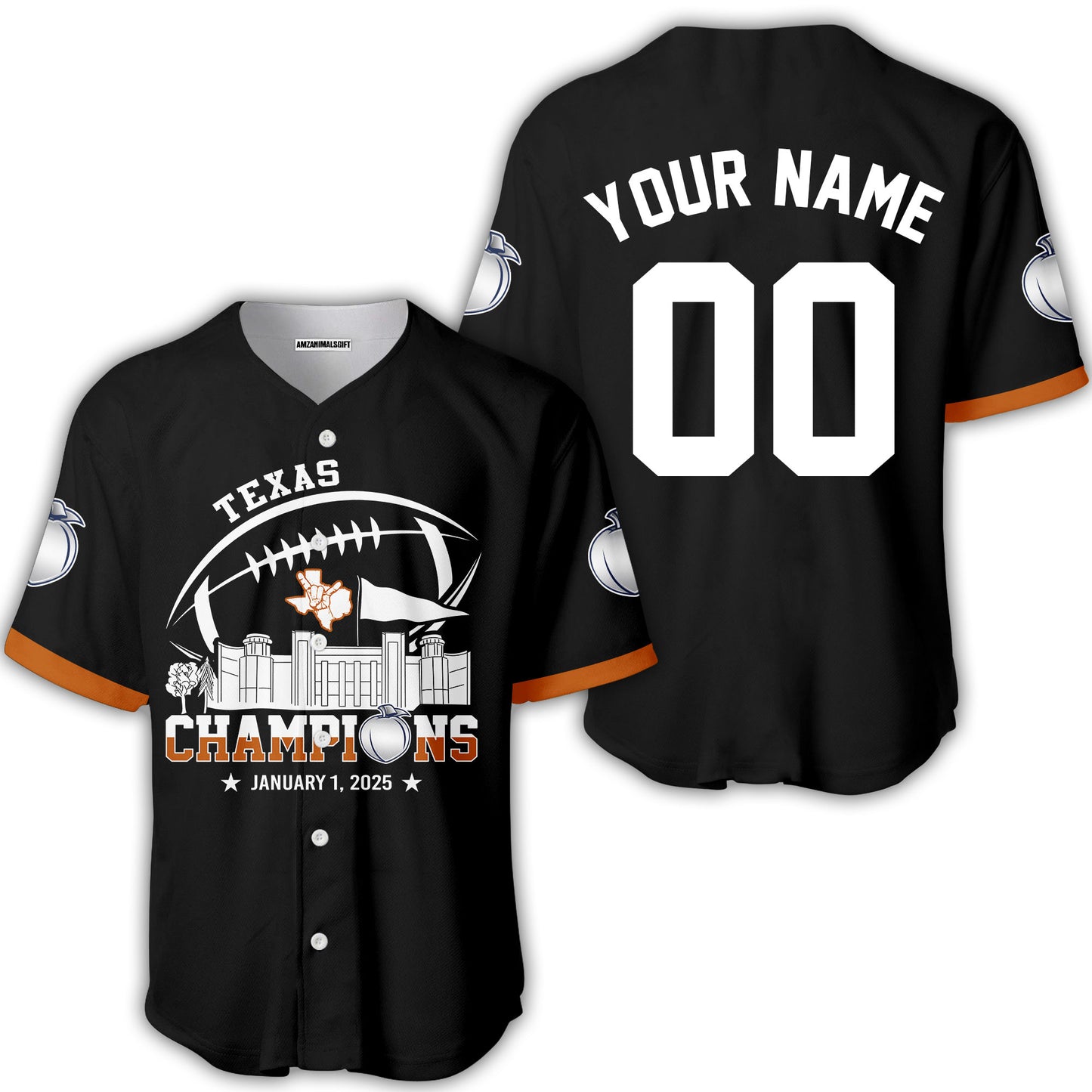 2025 Peach Champions Skyline Custom Double Sided Baseball Jersey Shirt, Texas Football 2025 Peach Champions 2 Sided Custom Baseball Jersey Shirts