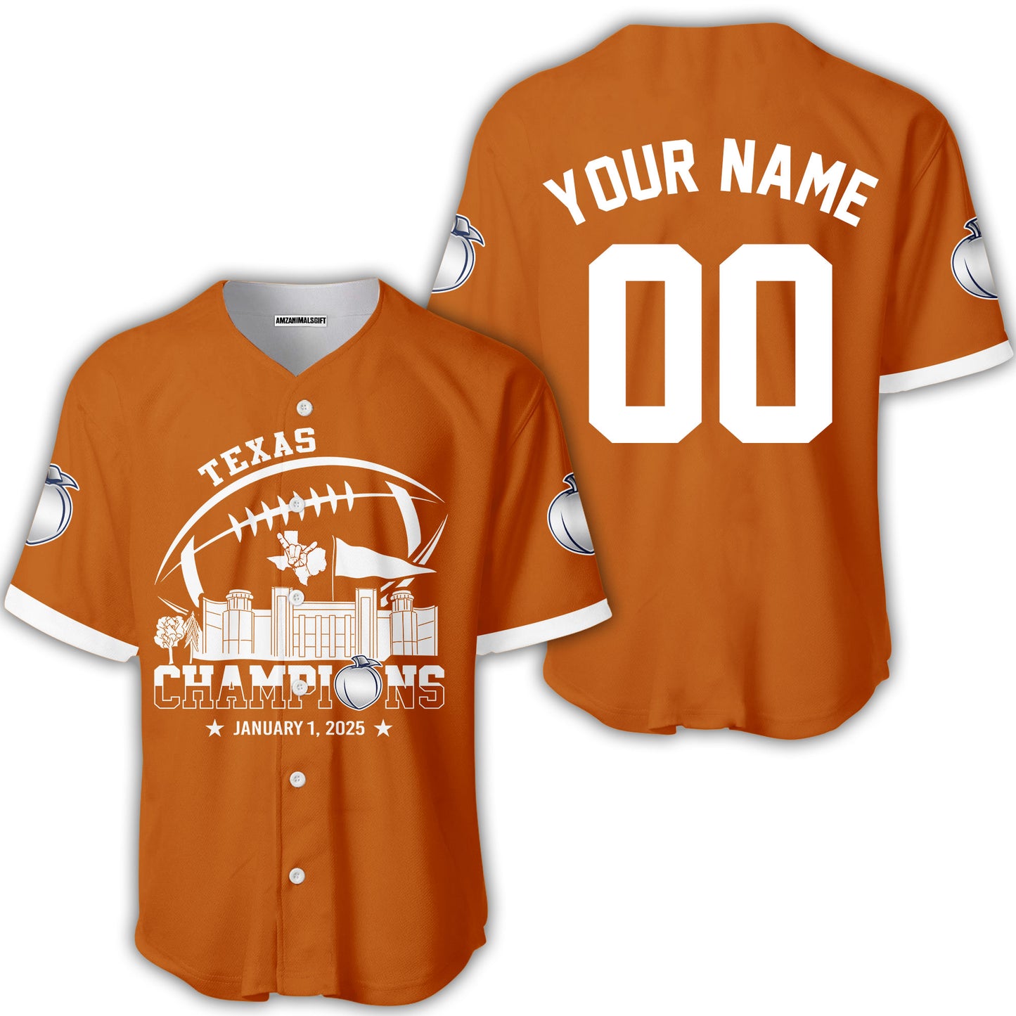 2025 Peach Champions Skyline Custom Double Sided Baseball Jersey Shirt, Texas Football 2025 Peach Champions 2 Sided Custom Baseball Jersey Shirts