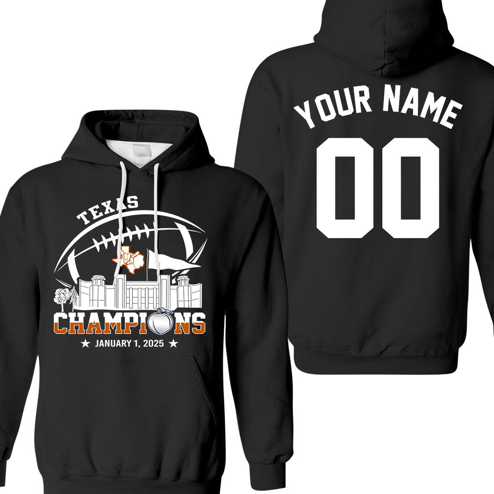 2025 Peach Champions Skyline Double Sided Hoodie Shirts, Texas Football 2025 Peach Champions 2 Sided Custom Hoodie Shirts
