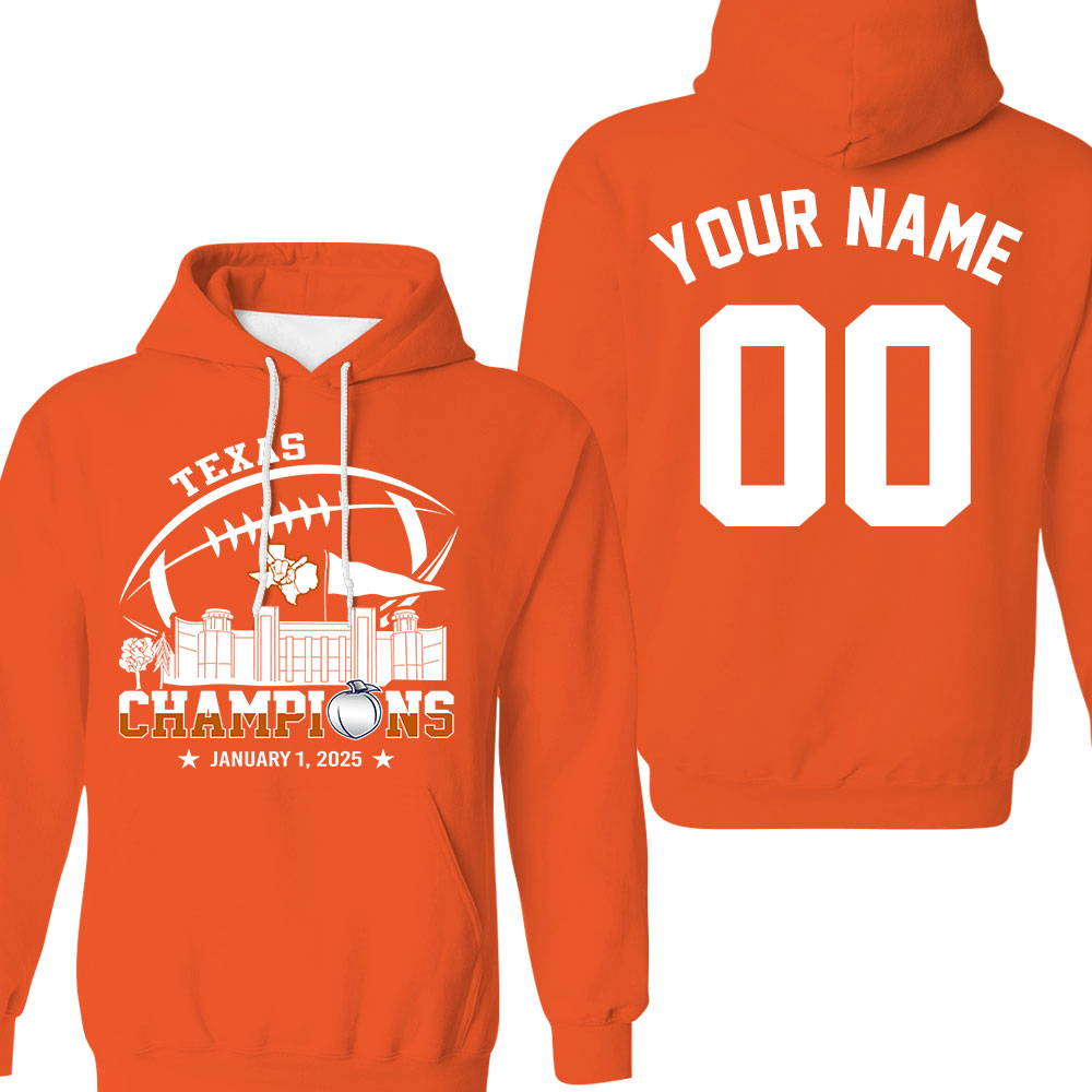 2025 Peach Champions Skyline Double Sided Hoodie Shirts, Texas Football 2025 Peach Champions 2 Sided Custom Hoodie Shirts
