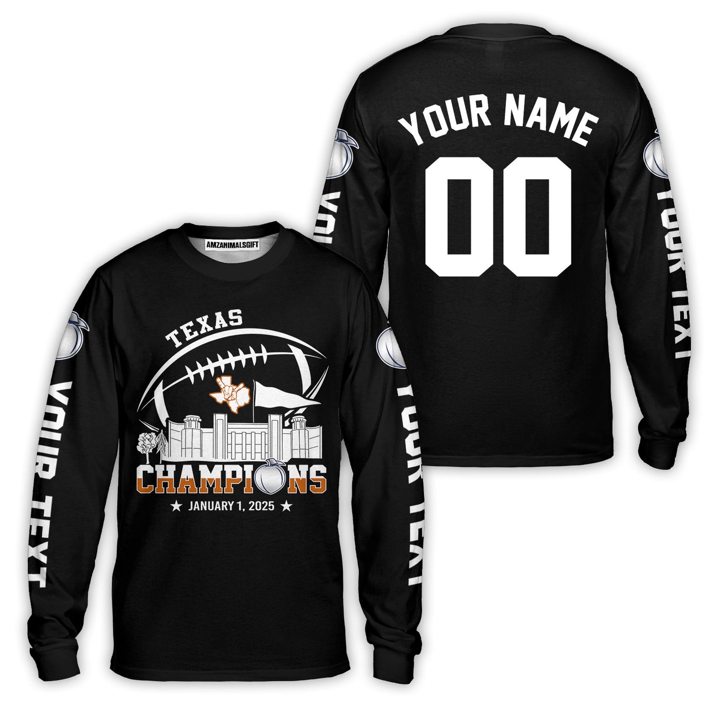 2025 Peach Champions Skyline Custom Double Sided Baseball Jersey Shirt, Texas Football 2025 Peach Champions 2 Sided Custom Baseball Jersey Shirts