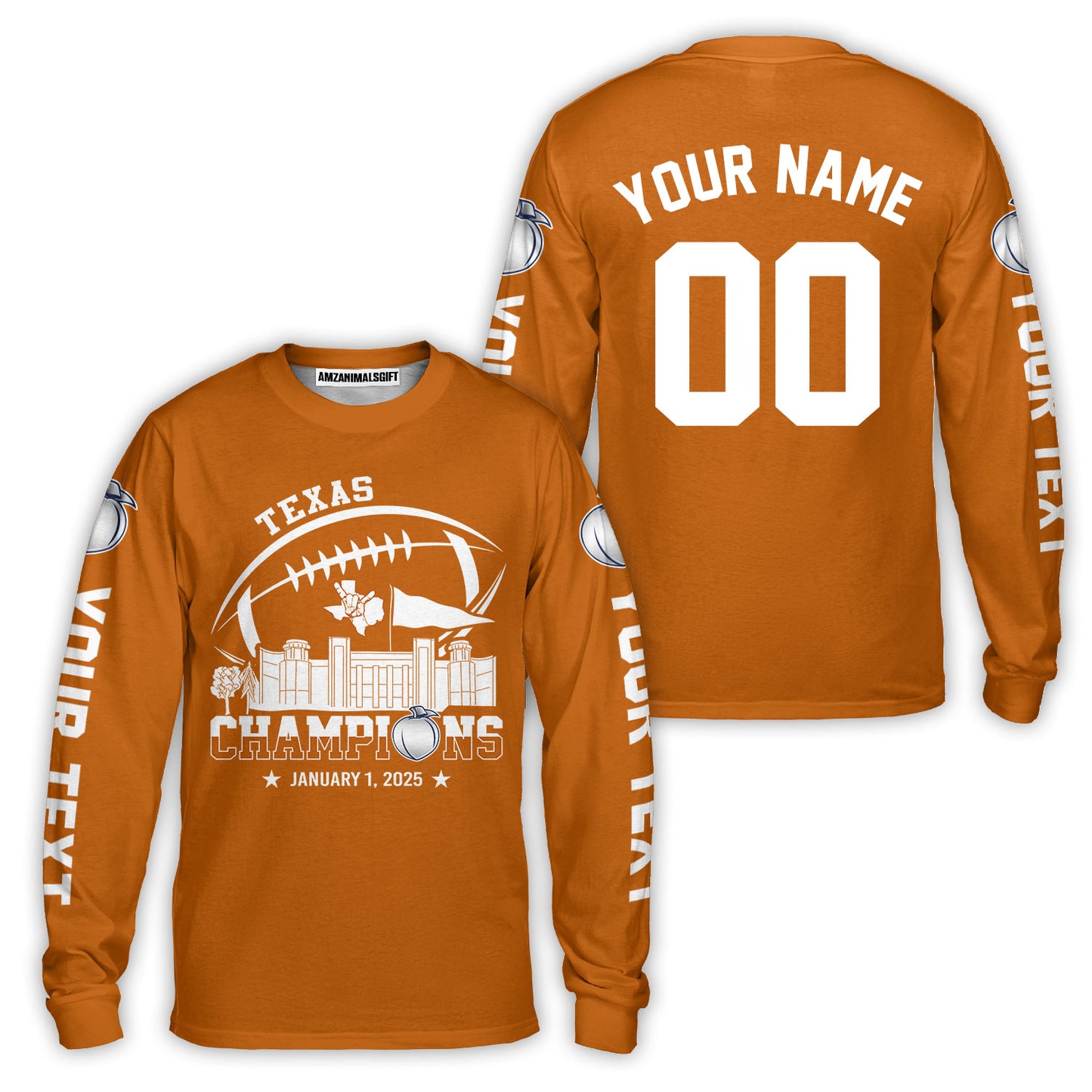 2025 Peach Champions Skyline Custom Double Sided Baseball Jersey Shirt, Texas Football 2025 Peach Champions 2 Sided Custom Baseball Jersey Shirts