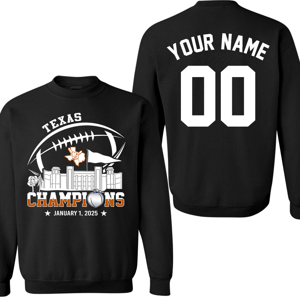 2025 Peach Champions Skyline Double Sided Hoodie Shirts, Texas Football 2025 Peach Champions 2 Sided Custom Hoodie Shirts