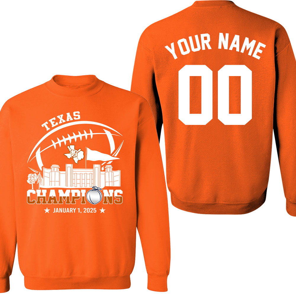 2025 Peach Champions Skyline Double Sided Hoodie Shirts, Texas Football 2025 Peach Champions 2 Sided Custom Hoodie Shirts