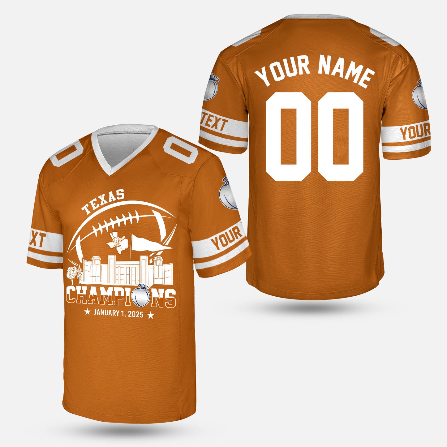 2025 Peach Champions Skyline Custom Double Sided Baseball Jersey Shirt, Texas Football 2025 Peach Champions 2 Sided Custom Baseball Jersey Shirts