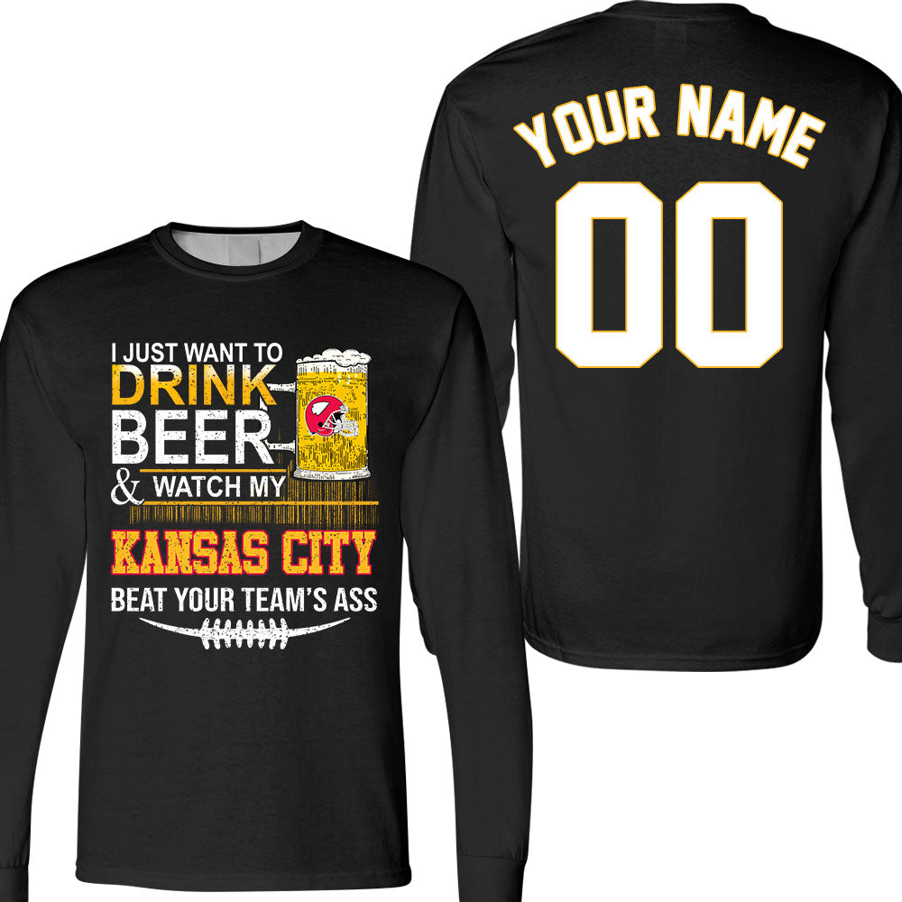 Kansas city American Football Beer Double Sided V-neck Shirts, Just Want To Drink Beer & Watch My Kansas city Football 2 Side V-neck Shirts