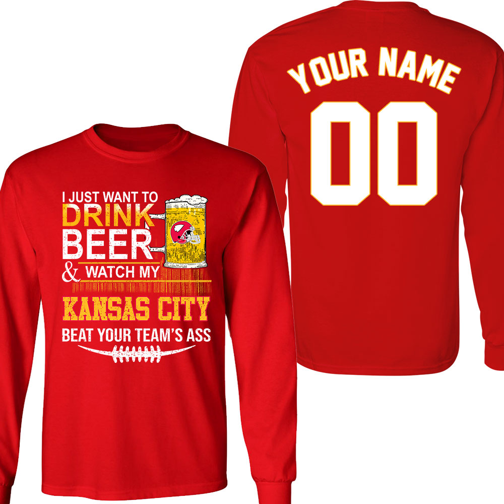 Kansas city American Football Beer Double Sided V-neck Shirts, Just Want To Drink Beer & Watch My Kansas city Football 2 Side V-neck Shirts