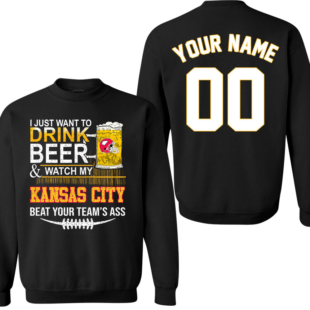 Kansas city American Football Beer Double Sided V-neck Shirts, Just Want To Drink Beer & Watch My Kansas city Football 2 Side V-neck Shirts