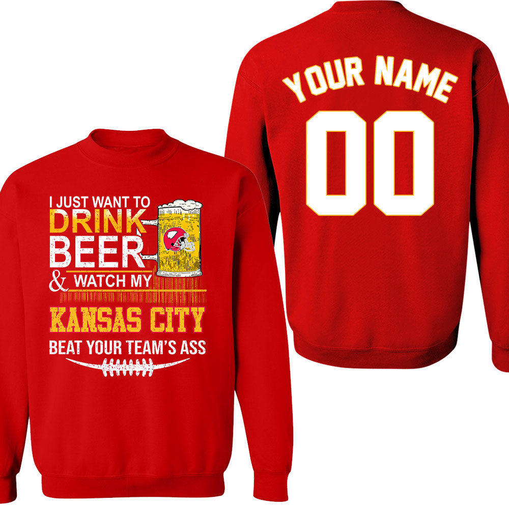 Kansas city American Football Beer Double Sided V-neck Shirts, Just Want To Drink Beer & Watch My Kansas city Football 2 Side V-neck Shirts