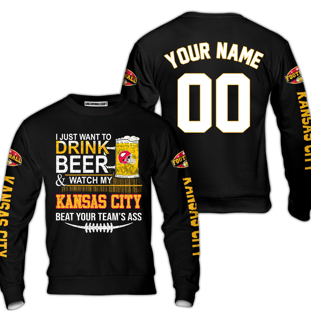 Kansas city American Football Beer Custom Long Sleeve Shirt, Just Want To Drink Beer & Watch My Kansas city American Football 2 Side Long Sleeve Shirt
