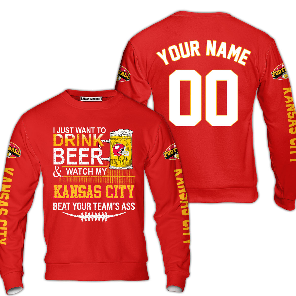 Kansas city American Football Beer Custom Long Sleeve Shirt, Just Want To Drink Beer & Watch My Kansas city American Football 2 Side Long Sleeve Shirt