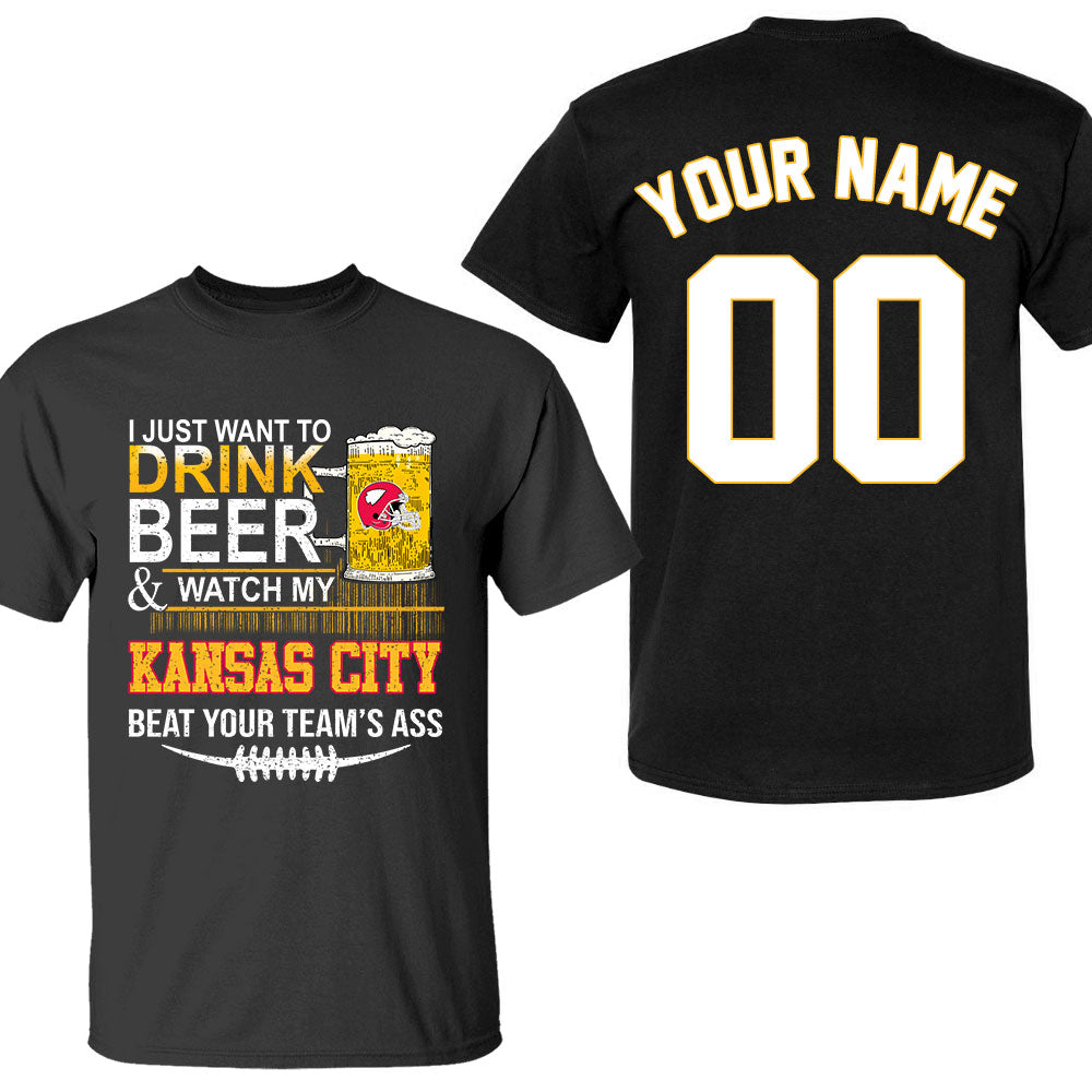 Kansas city American Football Beer Double Sided V-neck Shirts, Just Want To Drink Beer & Watch My Kansas city Football 2 Side V-neck Shirts
