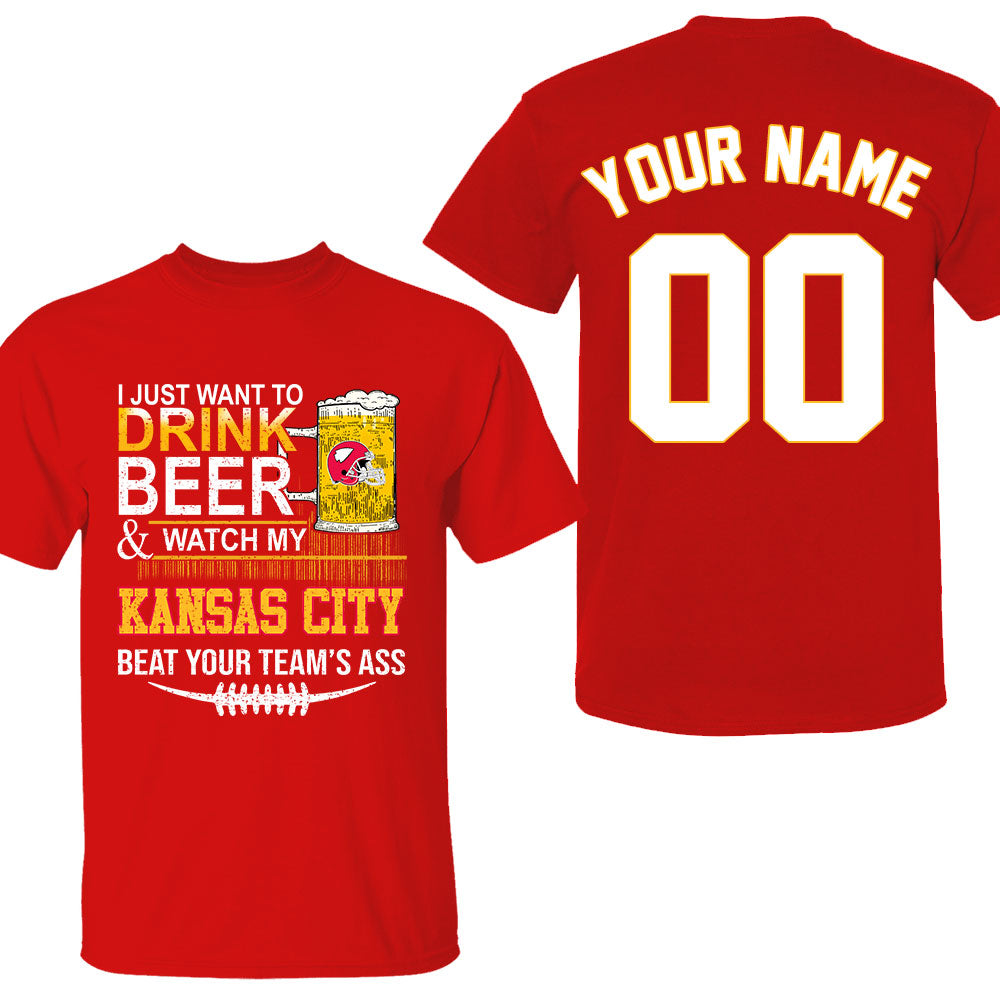 Kansas city American Football Beer Double Sided V-neck Shirts, Just Want To Drink Beer & Watch My Kansas city Football 2 Side V-neck Shirts