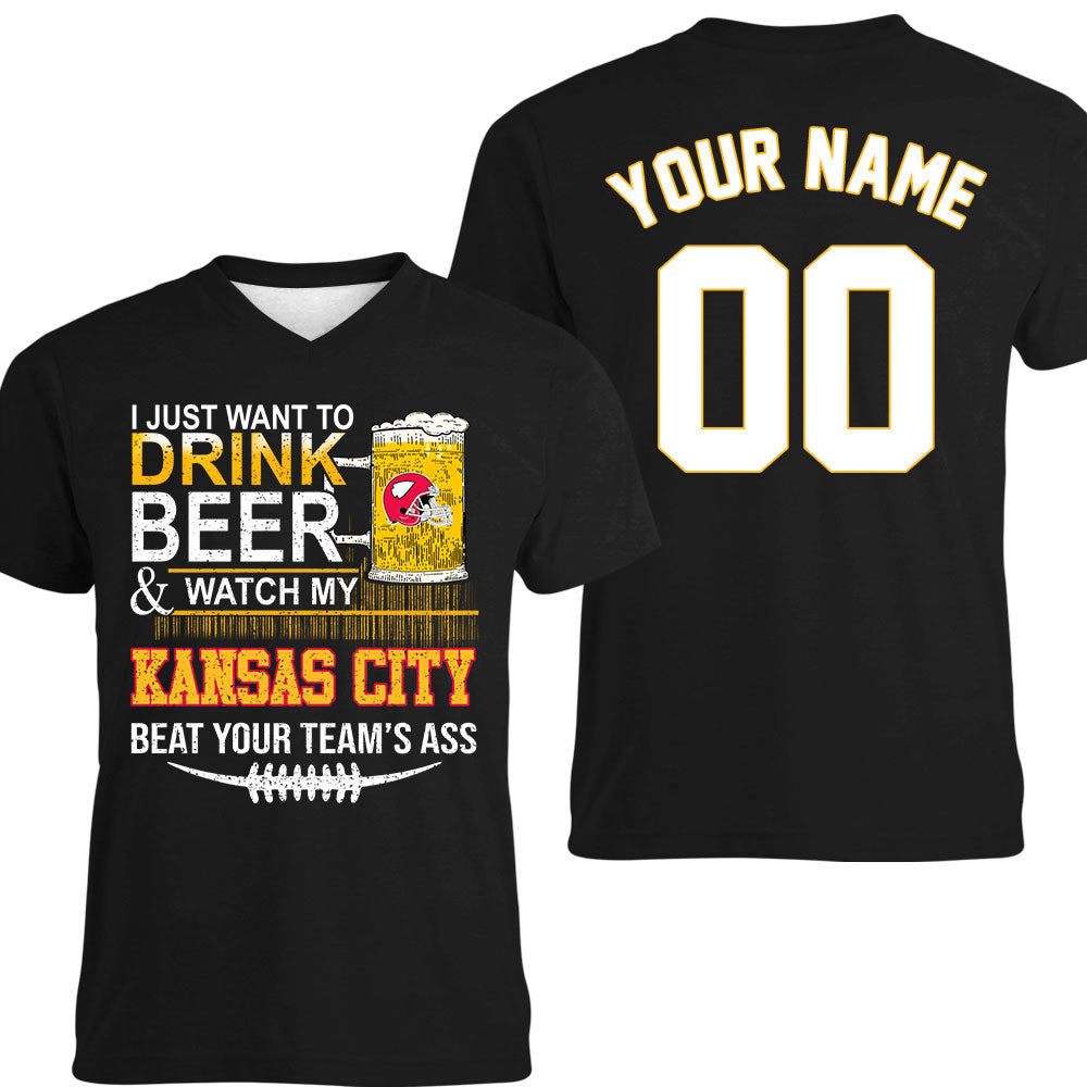 Kansas city American Football Beer Double Sided V-neck Shirts, Just Want To Drink Beer & Watch My Kansas city Football 2 Side V-neck Shirts