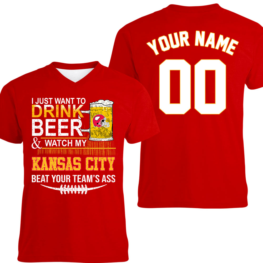 Kansas city American Football Beer Double Sided V-neck Shirts, Just Want To Drink Beer & Watch My Kansas city Football 2 Side V-neck Shirts