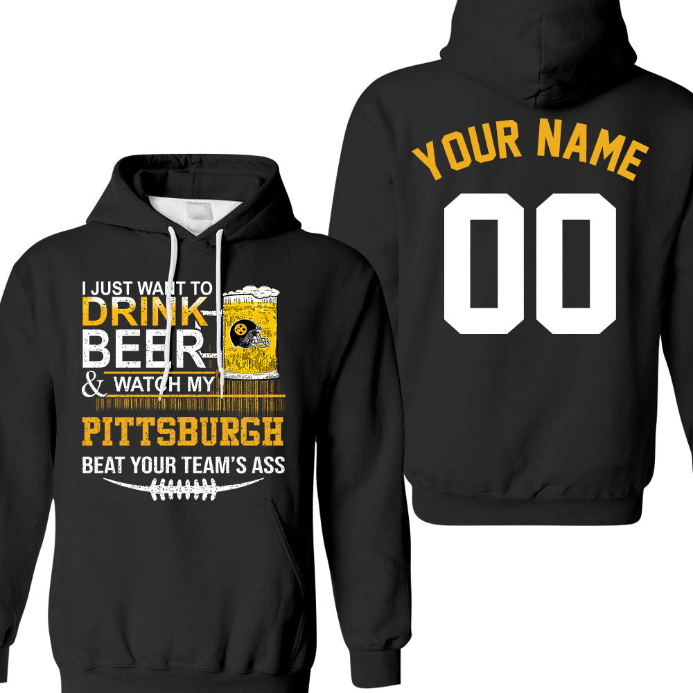 Pittsburgh American Football Beer Double Sided Long Sleeve Shirt, Just Want To Drink Beer & Watch My Pittsburgh American Football 2 Side Long Sleeve