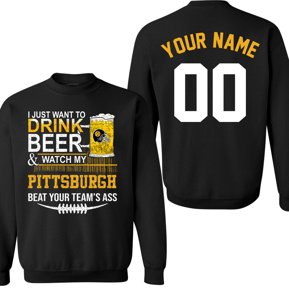 Pittsburgh American Football Beer Double Sided Long Sleeve Shirt, Just Want To Drink Beer & Watch My Pittsburgh American Football 2 Side Long Sleeve