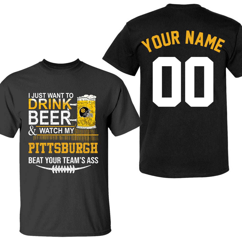 Pittsburgh American Football Beer Double Sided Long Sleeve Shirt, Just Want To Drink Beer & Watch My Pittsburgh American Football 2 Side Long Sleeve