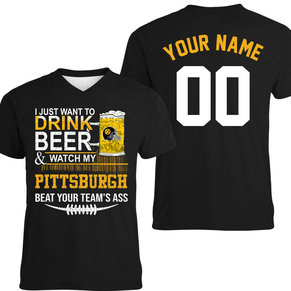 Pittsburgh American Football Beer Double Sided Long Sleeve Shirt, Just Want To Drink Beer & Watch My Pittsburgh American Football 2 Side Long Sleeve