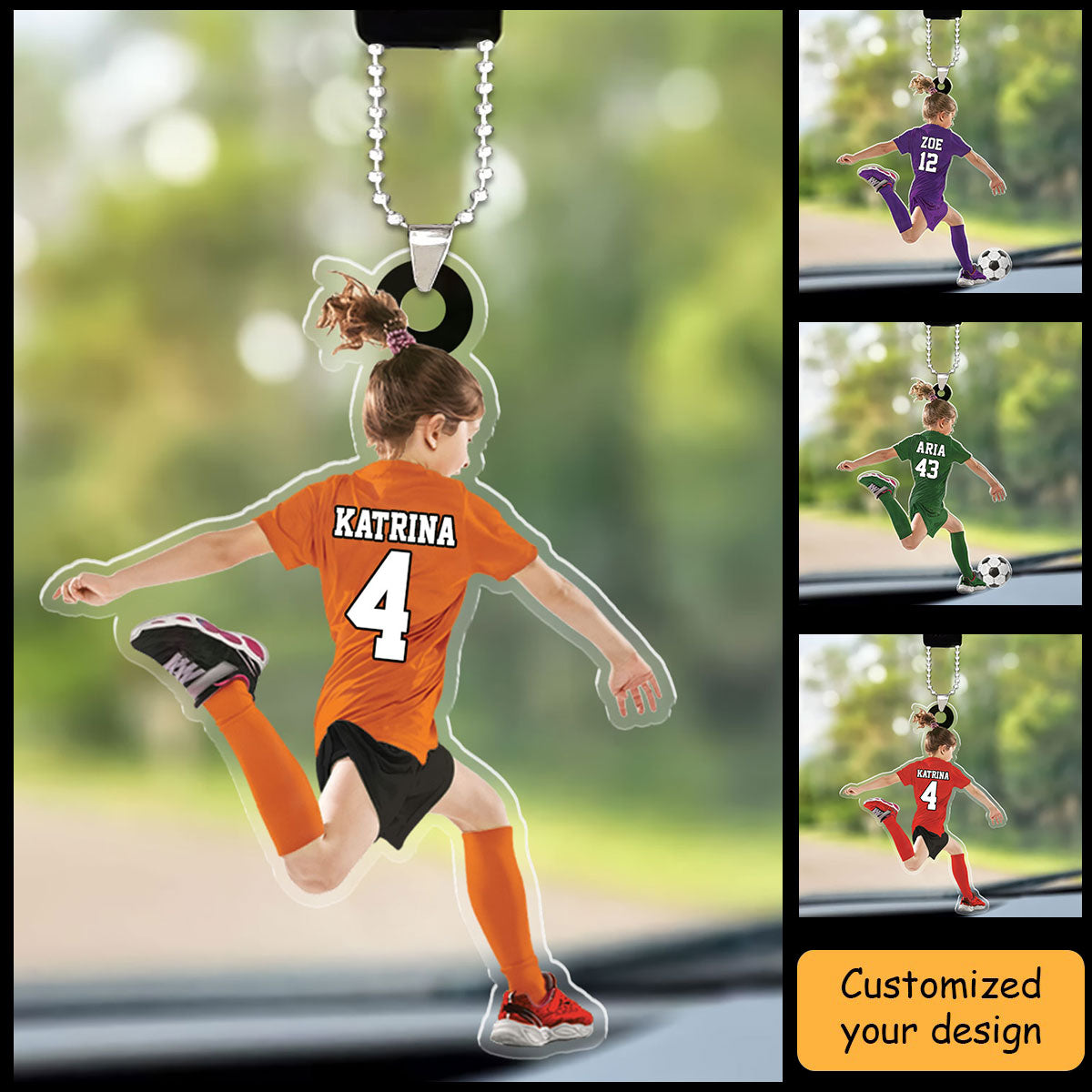 Personalized Little Girl Kid Soccer Players Car Ornament - Gift For Soccer Lovers Custom Shape Car Ornament