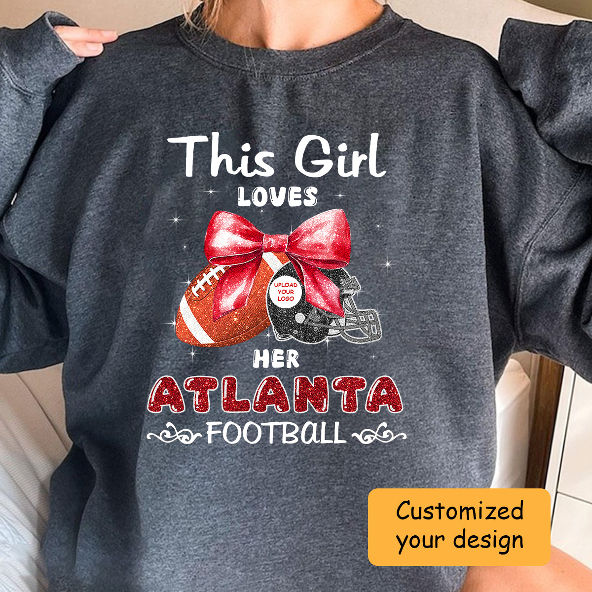 Personalized Women Love Atlanta Football Coquette Bow Hoodie, American Football Girl Mom Game Day Cheer Hoodie