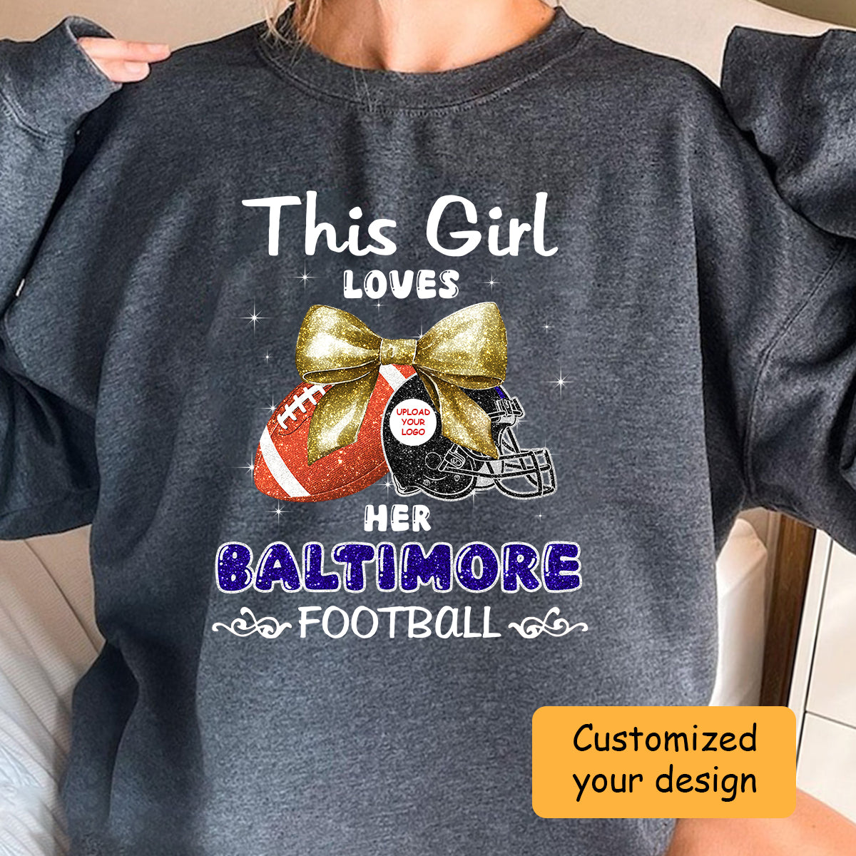 Personalized Women Love Baltimore Football Coquette Bow Hoodie, American Football Girl Mom Game Day Cheer Hoodie